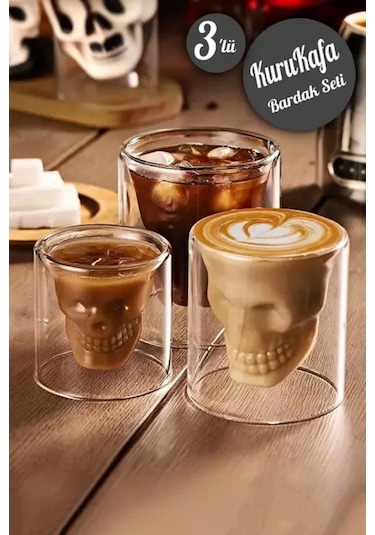 3'lü Kuru Kafa Tasarımlı Çift Cidarlı Cam Bardak Kahve Sunum Bar