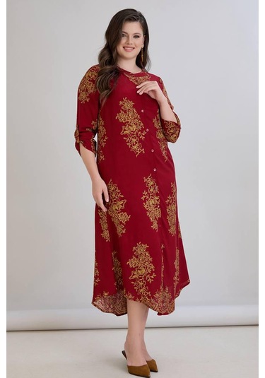 Wearon Kadın Fatoş Cep Detaylı Dokuma Viskon Kırmızı Gömlek Elbise Kırmızı