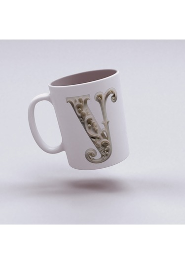 Y Harfi Bardak, Monogram 330 Ml Barok Oymalı Görünüm Beyaz