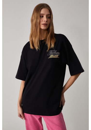 CAITLYN Kadın Oversize Bisiklet Yaka Siyah T-Shirt