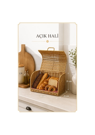 Ekmek Dolabı Kapaklı, Hasır Detaylı 35 Cm Krem