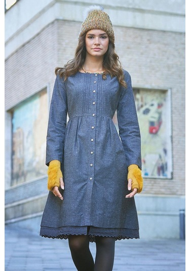 Nervürlü Yaka Dantelli Uzun Kollu Gri Elbise Desenli