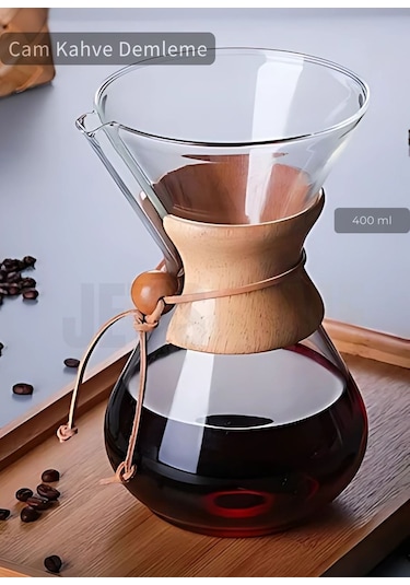 Chemex Cam Kahve Demleme Ahşap Tutacaklı 400 Ml Şeffaf