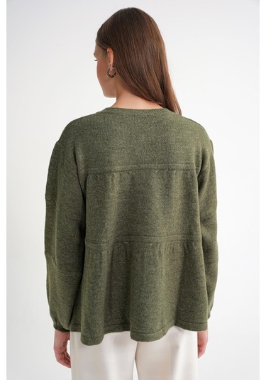 6950 Kadın Yakası Bağcıklı Pileli Triko Kazak Haki Haki