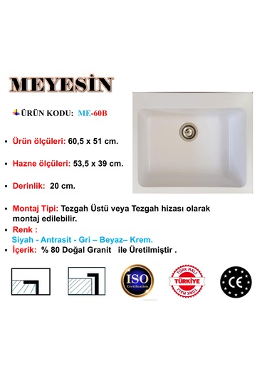 Meyesin ME-60B Granit Tek Gözlü Mutfak Evyesi Beyaz 50 x 60 CM