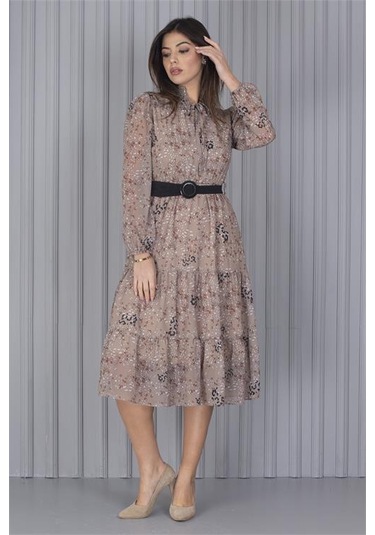 Neşeli Butik Kadın Kemerli Leopar Desenli Yeni Sezon Midi Boy Şifon Elbise Apcx04 Bej