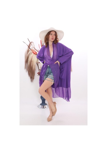 Italyan Ipek Detaylı Oversize Kaftan & Bluz-8711 Mor