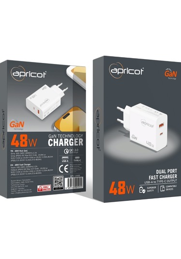 Apricot Apc-u448 48w Gan Beyaz Hızlı Ev Şarj Adaptörü Şarj Cihazı