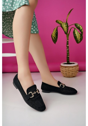 Muggo Phuket Garantili Metal Tokalı Lazerli Nefes Alabilen Deri Kadın Loafer Günlük Ayakkabı Siyah
