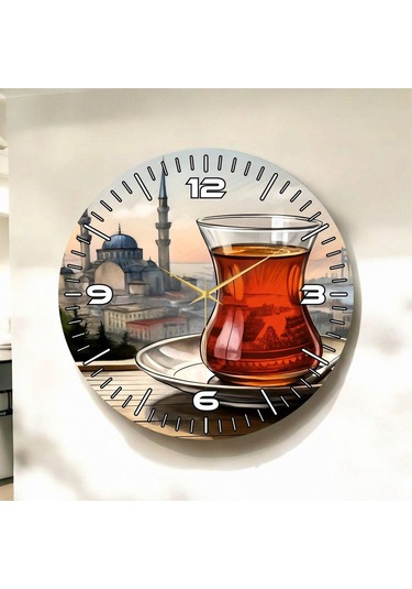 Renkli Baskı Çay İstanbul Desenli Sayılı Hediyelik Ahşap Sessiz Duvar Saati 50cm ÇOk Renkli