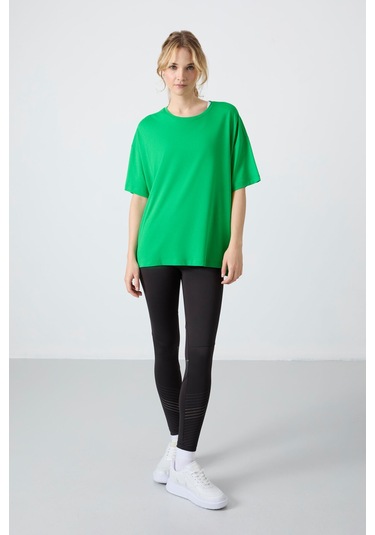 Tommy Life Yeşil Penye Modal Yumuşak Tuşeli Oversize Fit Basic Kadın T-shirt- 97285 Yeşil