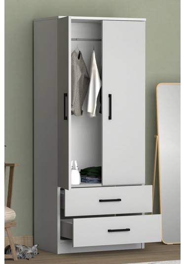 Point 2 Kapaklı 2 Çekmeceli Gardrop Beyaz