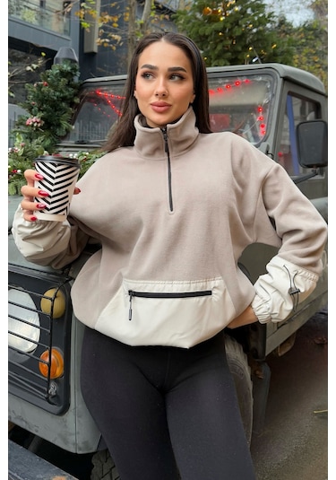 Tommy Life Koyu Bej Etek Ucu Büzgülü Yarım Fermuarlı Oversize Kadın Polar Sweatshirt - 97238 Koyu Bej