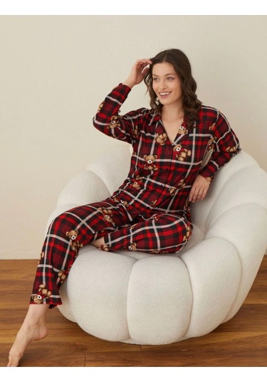 Boyraz Süet Düğmeli Uzun Kol Pijama Tk Kırmızı
