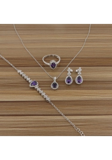 925 Ayar Gümüş Ametist Taşlı Zarif Damla Set
