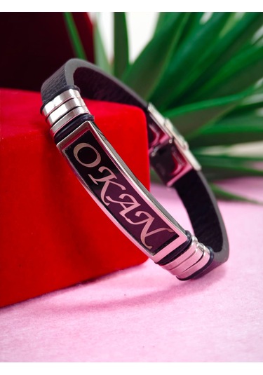 Çelik Derili Bileklik Kişiye Özel İsimli Paslanmaz Derili Çelik İsimli Bileklik 316 L Çelik Beyaz