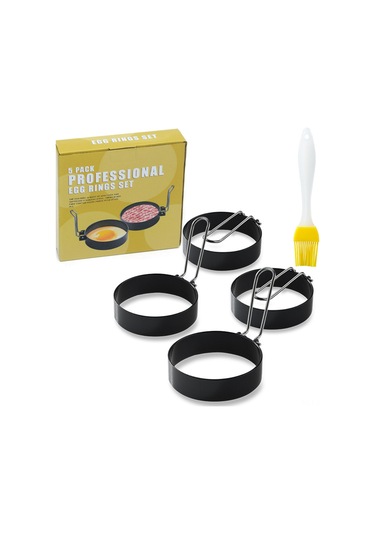 Lemestar Paslanmaz Çelik 4'lü Yumurta Halkası Seti - Yağ Fırçası Hediyeli, Yapışmaz Kaplamalı