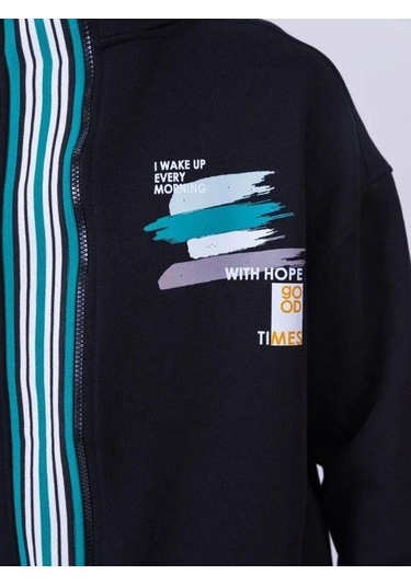 Erkek Çocuk Dik Yaka Fermuarlı Çizgi Detaylı Teenage Hırka-13544 Siyah