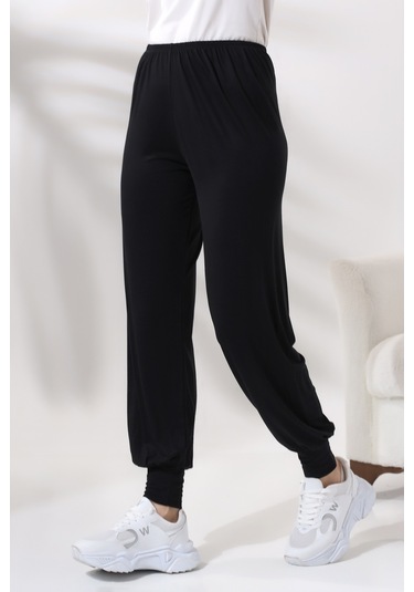 Kadın Siyah Beli Lastikli Ferace Altı Rahat Kesim Tesettür Şalvar Pantolon 001