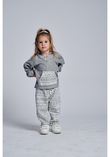 Etnik Desen Kanguru Cepli 2 Li Takım Gri