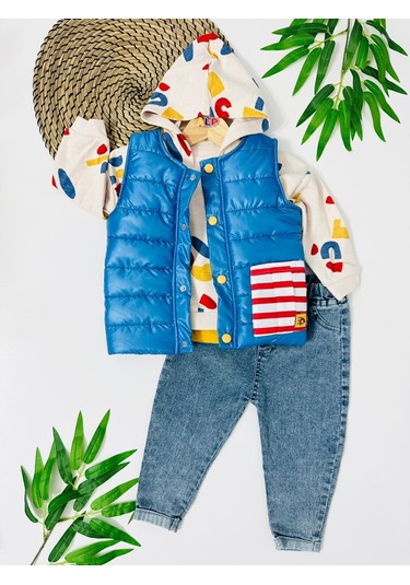 Moscova Kırmızı Çizgi Cep Detaylı Çıtçıt Yelekli Mevsimlik 3lü Takım Saks Mavisi