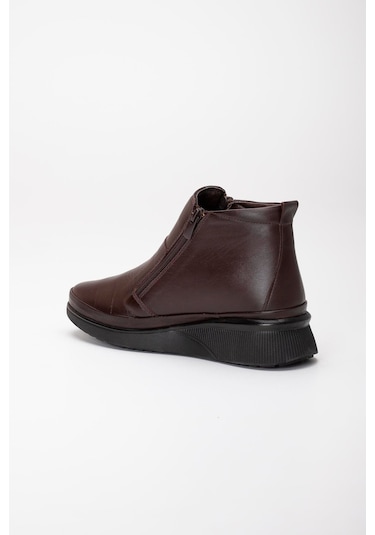 Hakiki Deri Ortopedik Kadın Bot Kahve 2 Fermuarlı Dolgu Tabanlı-3298 Kahve