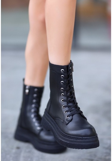 Rxn Siyah Cilt Bağcıklı Suni Deri Yandan Fermuarlı İçi Pedli Bot Siyah