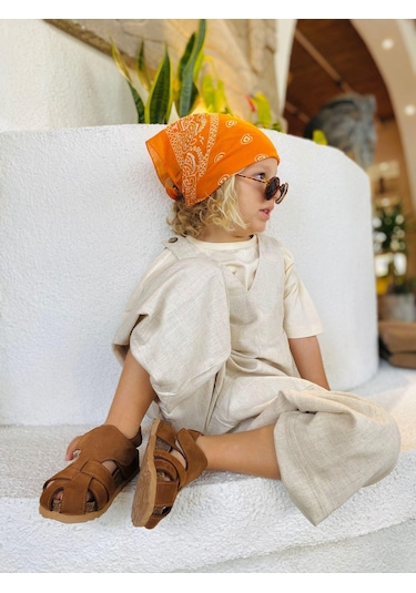 Cigit V Yaka Paça Lastikli Keten Salopet 2-7 Yaş Naturel Beyaz