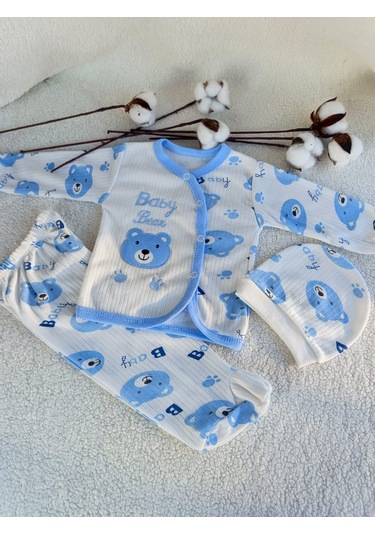 Erkek Bebek 3 Parça Raporlu İnterlok Hastane Çıkışı Zıbın Seti Beyaz - Mavi