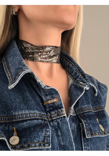 Arpa Pul Payet Zırh Metal Geniş Model Antrasit Choker Kolye Antrasit Çok Renkli