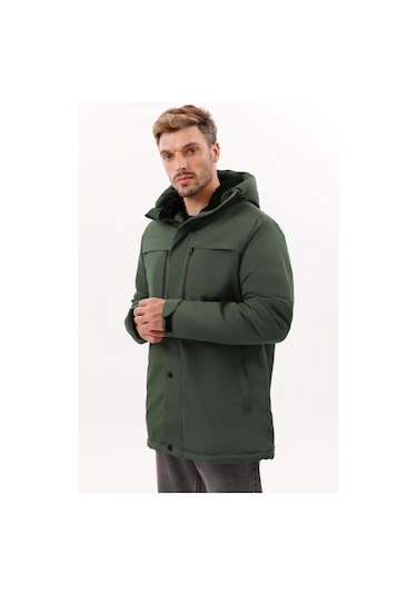 Erkek Polarlı Kürklü Su Ve Rüzgar Geçirmez Kapüşonlu Kışlık Mont & Kaban & Parka - Elyaflamalı Haki