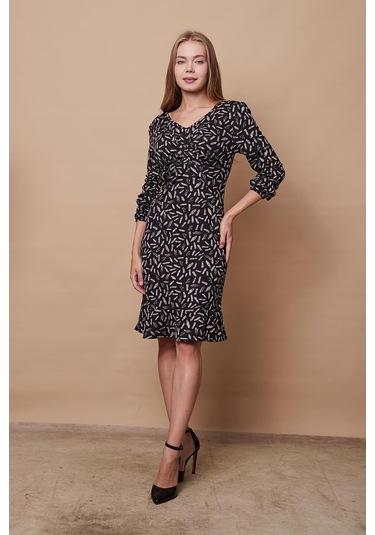 Kadın Hafif Likralı Yumuşak Dokulu Kumaş V Yaka Önü Düğümlü Eteği Volanlı Uzun Kol Diz Boy Elbise-siyah Bej Konfeti Konfeti