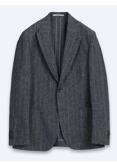 Kip Petrol Çizgili Modern Fit Keten Karışımlı Ceket