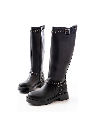 02-307 Siyah Düz Topuklu Günlük Bayan Binici Çizme Resimdeki Renk