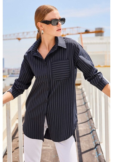 Gabria Tek Cep Arkası Uzun Gömlek Siyah