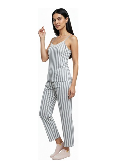 Kadın Rahat Ev & Uyku Pijama Takımı Gri Çizgili Desen Gri