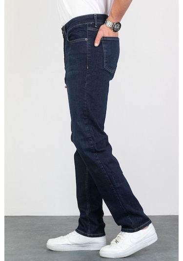 Regular Fit Boru Paça Likralı Erkek Jeans Kot Pantolon - Koyu Mavi
