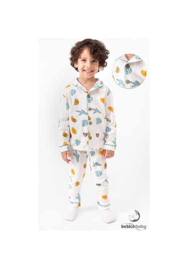 Kruvaze Yaka %100 Pamuk Önden Düğmeli Mevsimlik Ünisex Bebek Ve Çocuk Pijama Takımı 4bb2 Beyaz