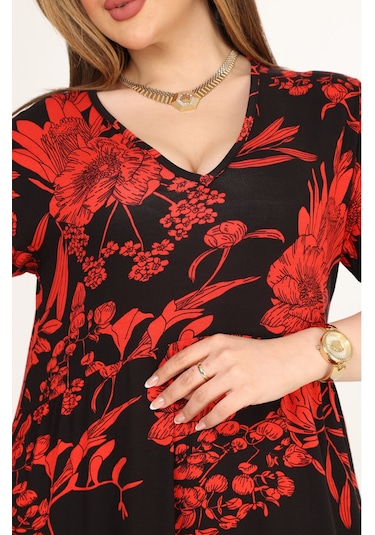 Melsay Butik Göğüsten Robalı V Yaka Kısa Kollu Kırmızı Palmiye Desenli Cepli Elbise Kırmızı