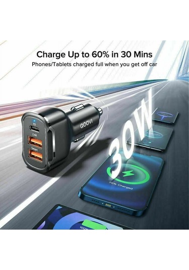 Monyee 30w Pd 3 Lü Usb Araç Şarj Cihazı, 2.4a Hızlı Şarj, İphone 13/12/11, İpad, Android Uyumlu, Siyah 12-24v Giriş