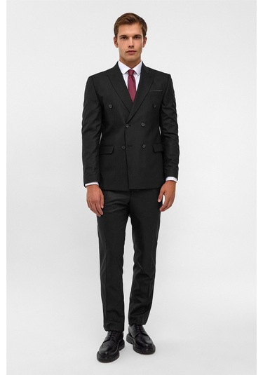 SÜVARİ Siyah Slim Çizgili Sivri Yaka 6 Drop Takım Elbise