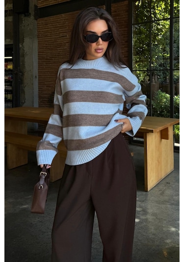 Camel Bisiklet Yaka Çizgili Oversize Triko Kazak Mg1972 CAMEL