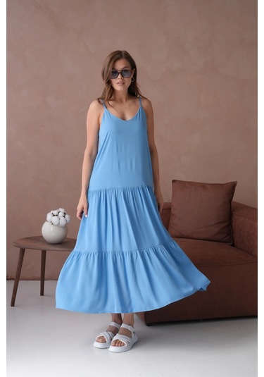 İnce Askılı Uzun Yazlık Elbise Indigo