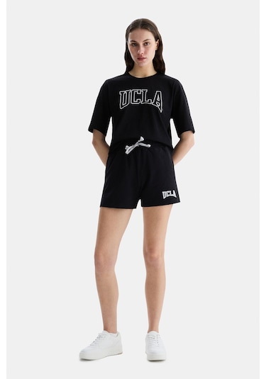 Ucla Rosa Siyah Nakışlı Oversize Kadın Örme Şort Siyah
