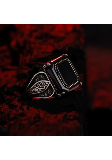 925 Ayar Kare Siyah Oniks Taşlı Tarz Gümüş Erkek Yüzük Gümüş