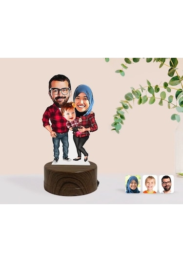 Kişiye Özel Tesettürlü Aile Karikatürlü Dekoratif 3D Biblo Led Iş (483006964)