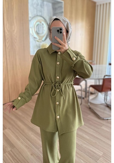 Gold Düğme Detaylı Fitilli Takım - Yağ Yeşili Yağ Yeşili