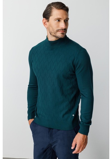 Petrol Standart Fit Dar Kalıp Yarım Balıkçı Düz Uzun Kollu Triko-10088 Yeşil