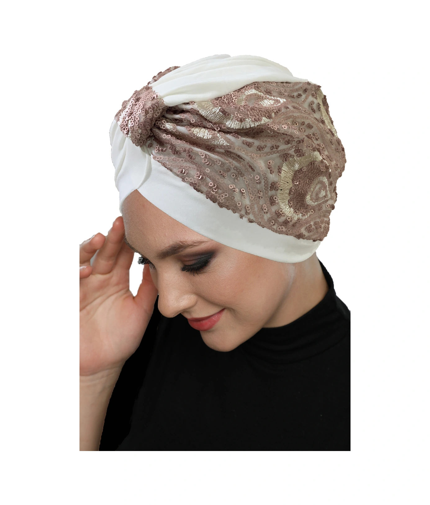 Özel Tasarım Ekru Üzeri Pudra Desenli Payetli Astarlı Hazır Türban Tesettür Abiye Bone Ekru2