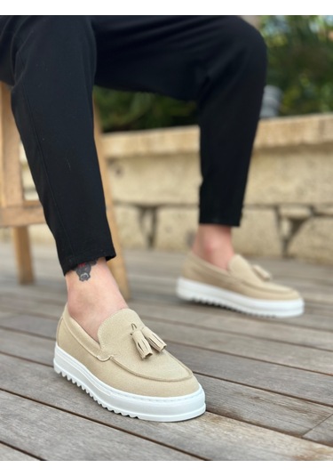 Pabucmarketi Bağcıksız Püsküllü Keten Erkek Ayakkabı Krem Beyaz Taban Çok Renkli